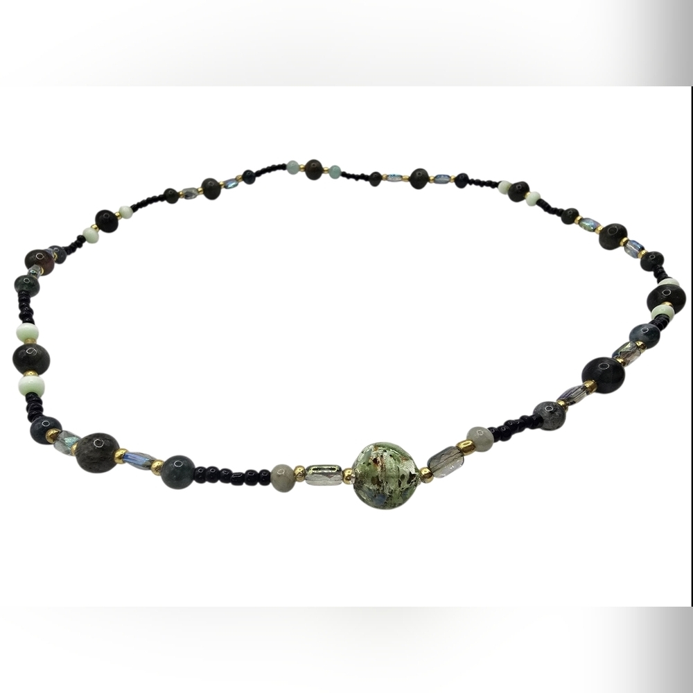 Mixed Gemstone Beaded Necklace: Dalmatian Jasper, Turquoise & Onyx